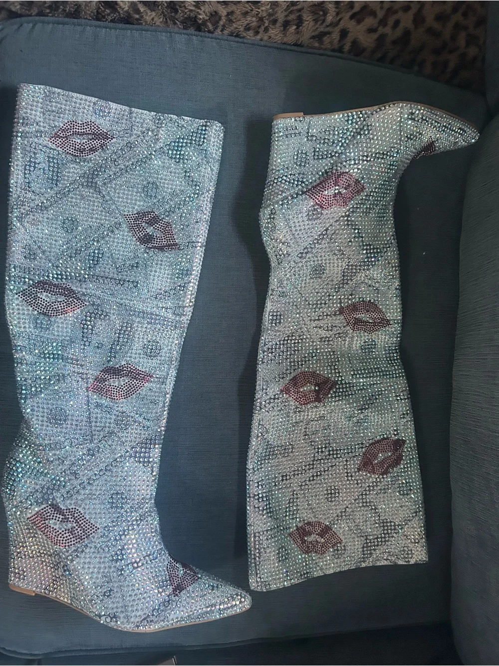 Cape Robbin Iridescent Crystal Over-the-Knee Boots with Red Lip Accents